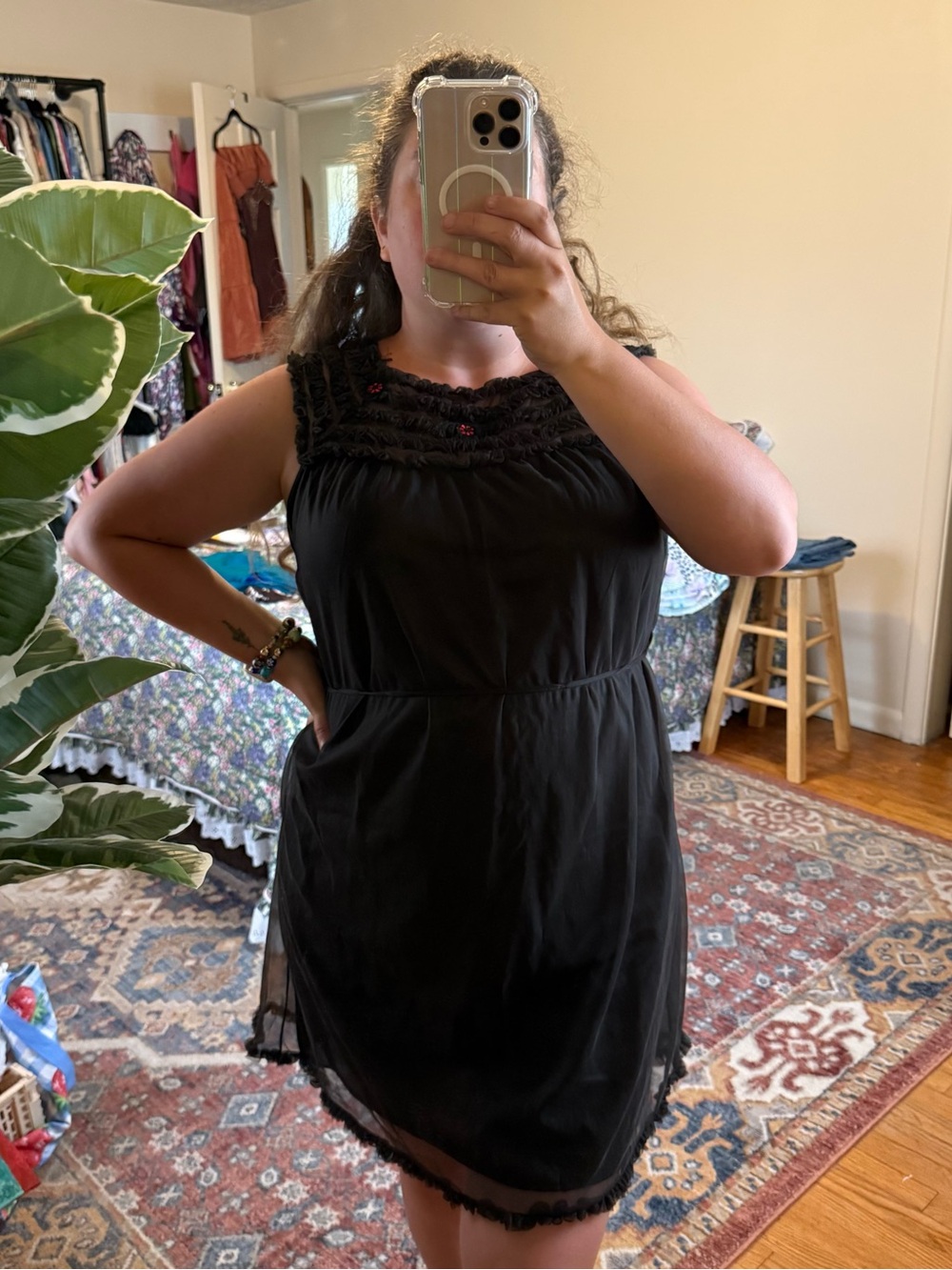 Vintage 70s black ruffled & floral mini slip dress